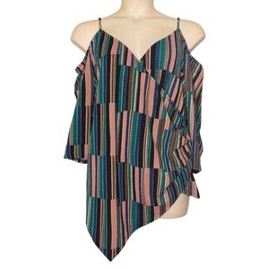 LIBIAN Pink Blue Green Shimmer Stripe Print Cold Shoulder Asymmetrical Top 2X